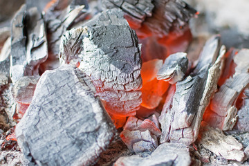 Burning Charcoal Close Up. Hot Charcoal Glowing Briquettes.