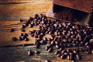 Coffee grinder and beans. Copyspace. Top view