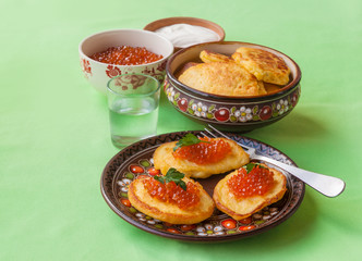 Red caviar and thick potato pancakes at Shrovetide (mass produce