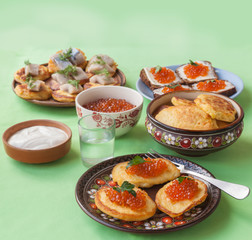 Red caviar and thick potato pancakes at Shrovetide (mass produce