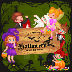 Cute colorful Halloween kids in costume for party set isolated vector illustration