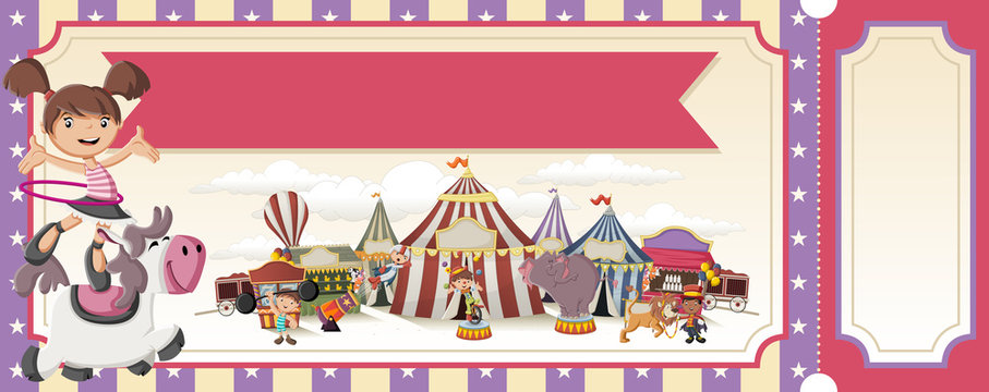 Ticket with cartoon characters in front of retro circus. Vintage carnival background with children.