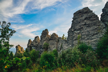 Fototapeta na wymiar Amazing landscape with mountain range and beautiful blue sky, dragon backbone, Russia, Ural, Europe - Asia boundary