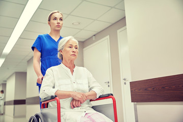 Obraz premium nurse with senior woman in wheelchair at hospital