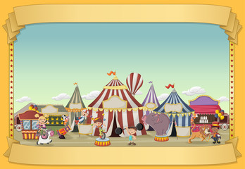Poster with cartoon characters and animals in front of retro circus. Vintage carnival banner with ribbons.