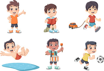 Cute happy cartoon boys playing. Sports and toys.

