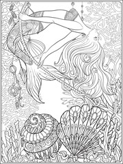 Hand drawn mermaid with gold fish in underwater world. 