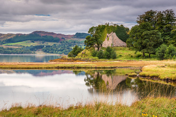 Castle Lachlan in Lachlan Bay, located on the eastern shore of Loch Fyne which is the remains of Castle Lachlan, originally built in the thirteenth century, now a ruin