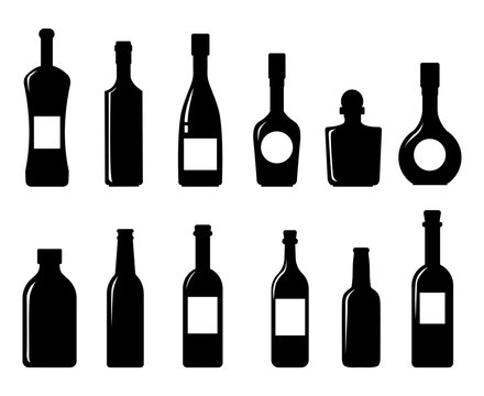 Set of vector silhouettes of bottles on a white background bottle icon collection