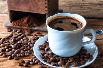 Cup of coffee with freshly ground beans. Top view. Copyspace