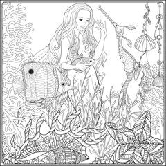 Hand drawn mermaid with gold fish in underwater world. 