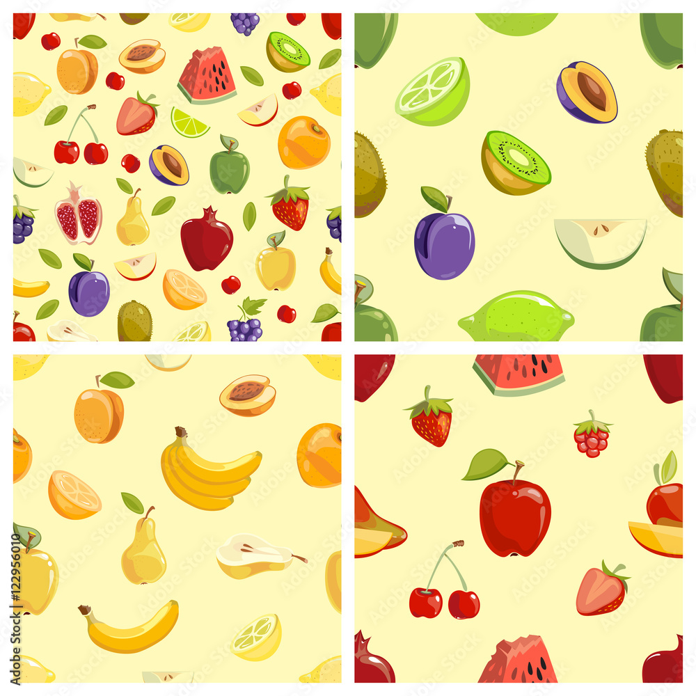 Poster set of vector fruits seamless patterns