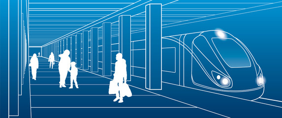 Subway station, people with things got off the train, city scene, transport illustration, white lines on blue background, vector design art