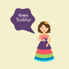 Cute cartoon princess with speech bubble for game design. Vector illustration
