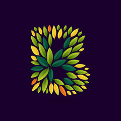 B letter logo formed by green and autumn leaves.