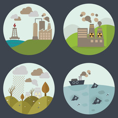 Industrial landscape set. Plant or factory. Ecology. Pollution. Vector flat illustration