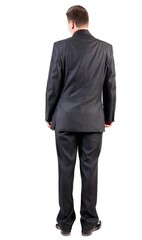 back view of business man in black suit  watching.   Businessman looks ahead.  Isolated over white background. Rear view people collection. backside view of person. 