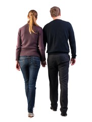 Back view of walking  young couple (man and woman). going beautiful friendly girl and guy in shorts together. Rear view people collection.  backside view of person.  Isolated over white background