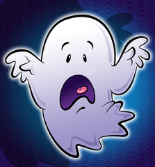 Cute little white scary cartoon ghost illustration in blue backg