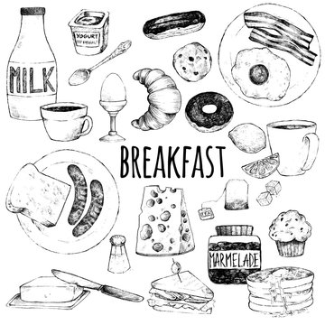 Doodle set of food for breakfast
