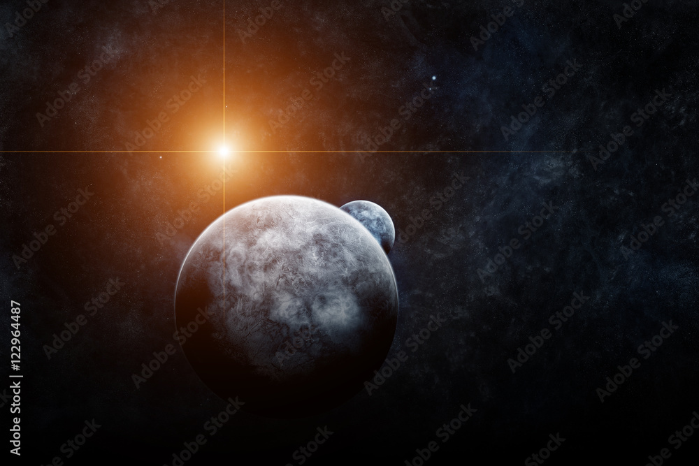 Wall mural planet with moon and star on background