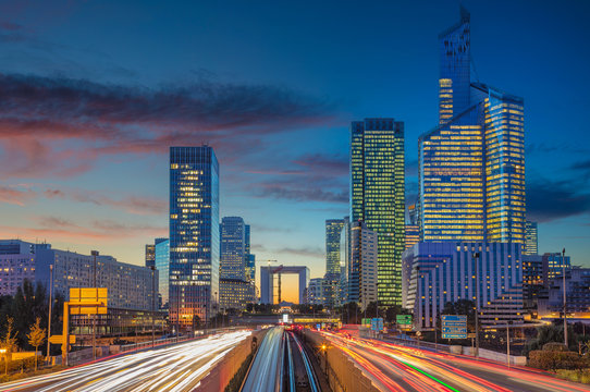La Defense, Paris. Image of office buildings in modern part of Paris- La Defense during twilight.