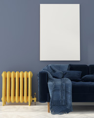 Mock up with blue sofa and yellow radiator