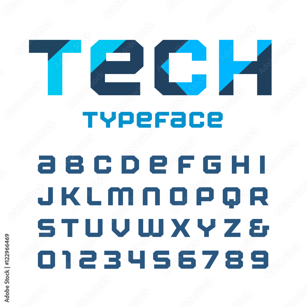 Poster tech square font. vector alphabet with latin letters and numbers