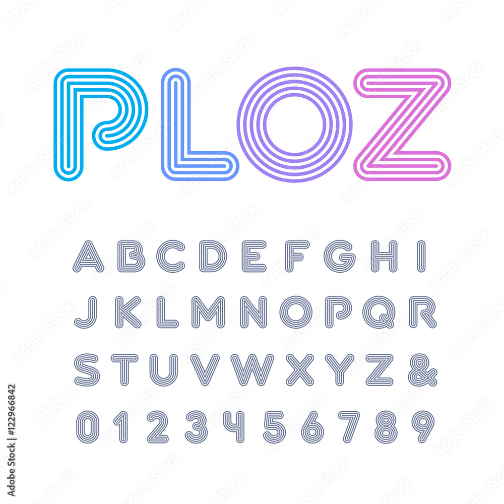 Fototapete linear font. vector alphabet with stripes effect letters and num