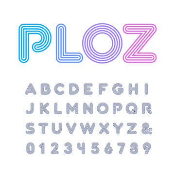 Linear font. Vector alphabet with stripes effect letters and num