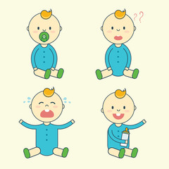 Cartoon baby boy emotion set. Newborn child or infant emoticon.