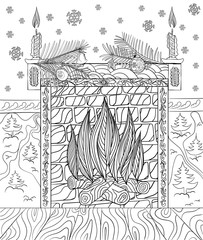Hand drawing for adult coloring book. Fireplace decorated for Christmas.