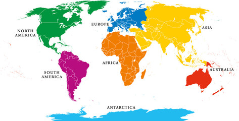 Fototapeta premium Mapa siedmiu kontynentów z granicami państwowymi. Azja, Afryka, Ameryka Północna i Południowa, Antarktyda, Europa i Australia. Szczegółowa mapa pod odwzorowaniem Robinsona i angielskie etykiety na białym tle.