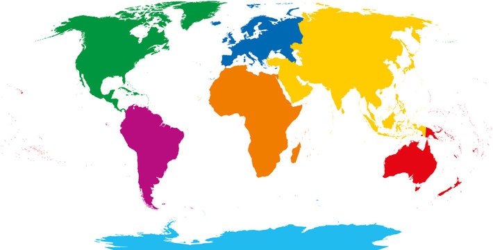 Seven continents map. Asia yellow, Africa orange, North America green, South America purple, Antarctica cyan, Europe blue and Australia in red color. Robinson projection over white. Illustration.