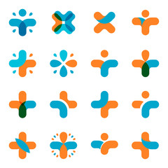 Isolated abstract blue, orange cross logo set. Medical logotype collection. Religious icon. Vector medical illustration. Health sign. Hospital symbol. Arithmetic plus, multiplication element. - obrazy, fototapety, plakaty