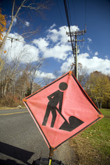 Men at work traffic sign on a secondary road, Connecticut, USA