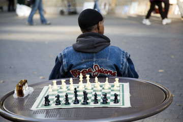 Man next to a chessboard, Union Square, NYC, USA