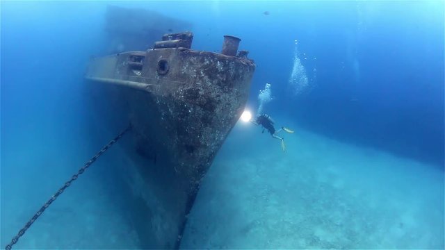 The underwater wreck of the USS Kittiwake in the Cayman Islands, Caribbean