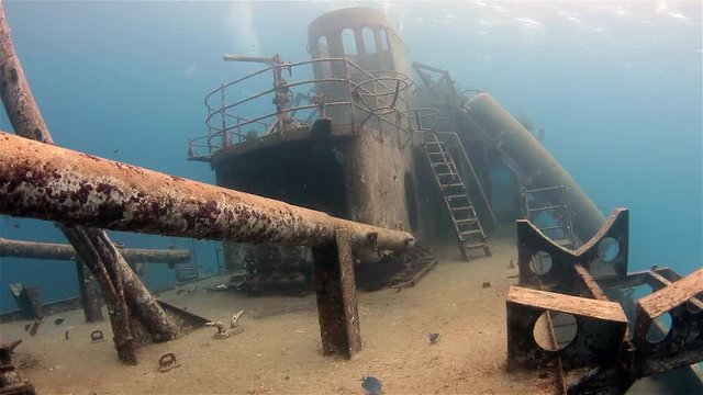 The underwater wreck of the USS Kittiwake in the Cayman Islands, Caribbean