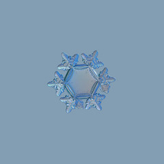 Snowflake isolated on pale blue background. This is macro photo of real snow crystal with unusually big, flat and empty central hexagon, and highly detailed outer rim and short arms with ridges.
