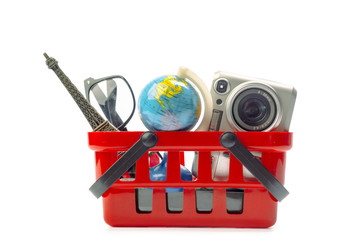 Multiple office tools in a shopping cart, isolated on white background