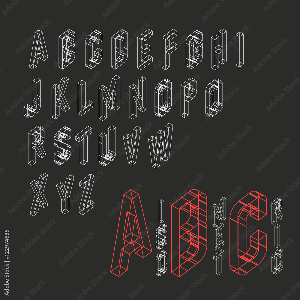 Aufkleber isometric alphabet. blueprint abstract background. two weights -