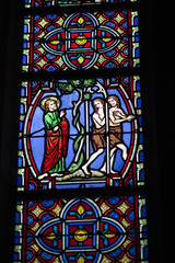 God evicts Adam and Eve from the Garden of Eden, Stained glass window, Saint Pierre Cathedral, Vannes, department of Morbihan, region of Brittany, France - obrazy, fototapety, plakaty