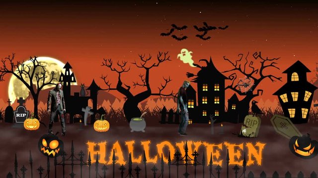 Cartoon animation Halloween scene with animated text Halloween.