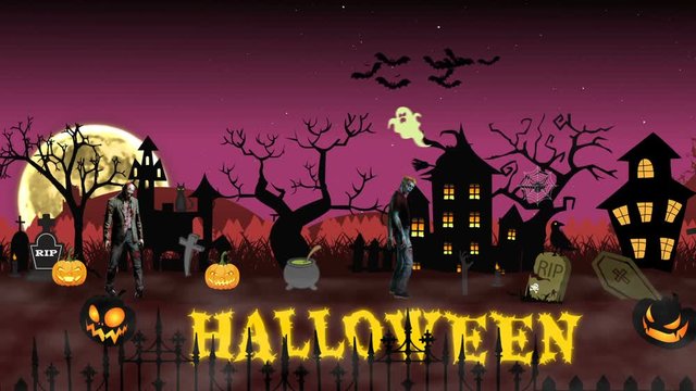 Cartoon animation Halloween scene with animated text Halloween.