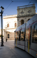 Tram, Seville, Spain. Tilted lens used for shallower depth of field.