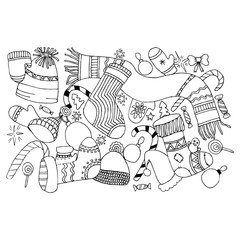 Christmas toys pattern. Vector seamless with Christmass balls and bells. Hand drawn doodle background winter holiday