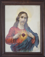 Frame with a draw of the Sacred Heart of Jesus, town of Casta–o del Robledo, province of Huelva,...