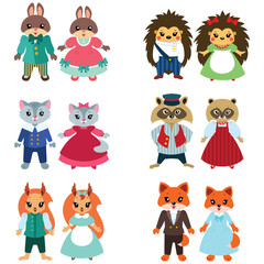 Obraz premium Couples of cute cartoon animals isolated on white background. Flat vector illustration.