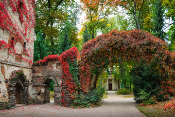 Stone arch in the  sentimental and romantic Arkadia park,  near Nieborow, Central Poland, Mazovia. Garden in the English style - obrazy, fototapety, plakaty
